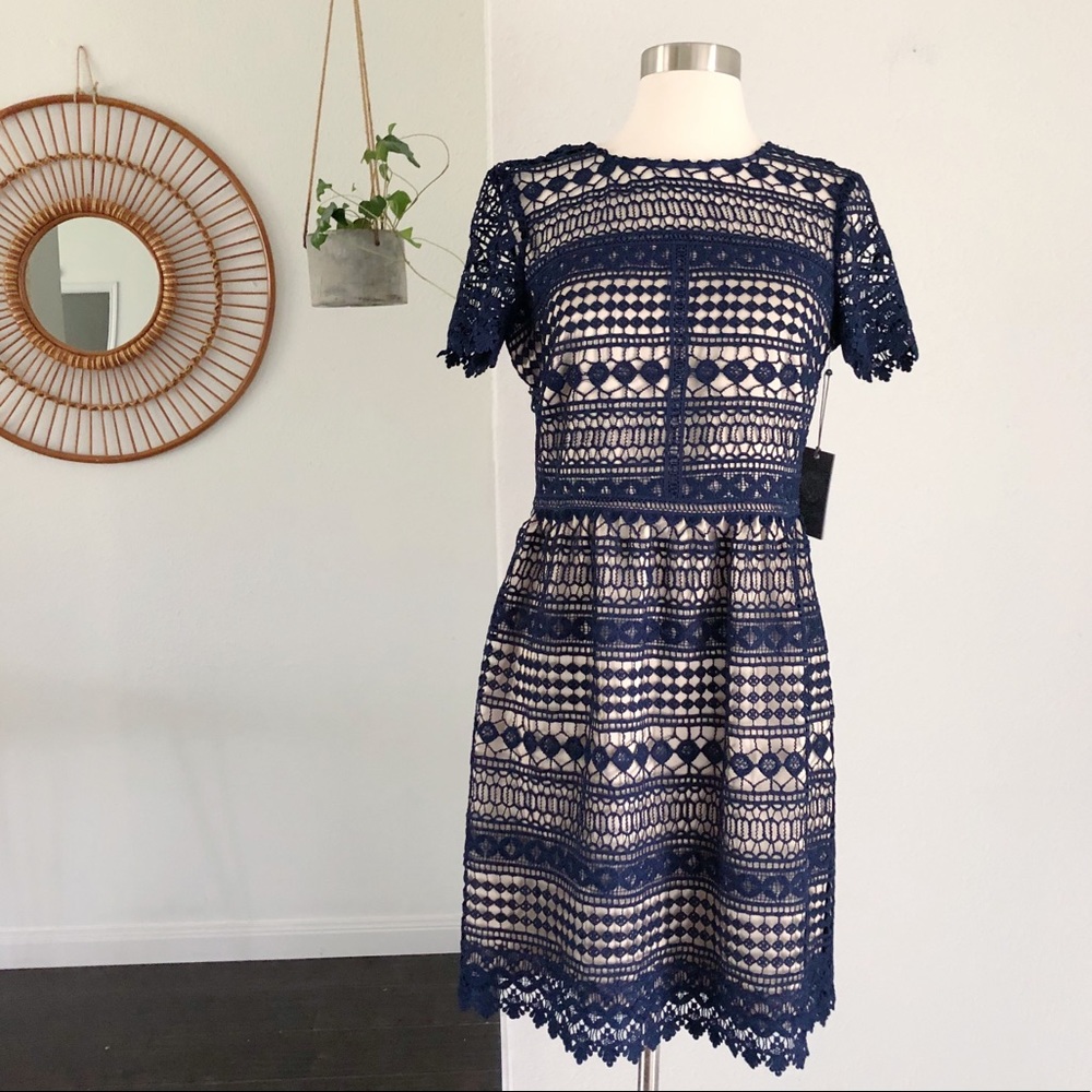 vince camuto | navy lace fit and flare dress